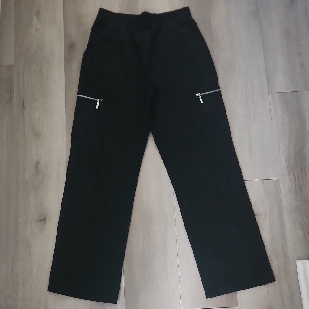 Black Zip Pocket Casual Pants With Elastic Waist